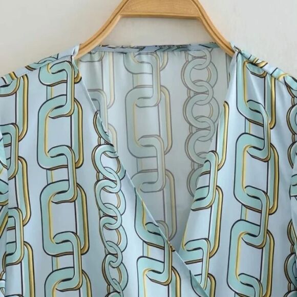 Xi Xi Women Asymmetric V Neck Blue Chain Print Long Sleeve Blouse Size M - Picture 5 of 10